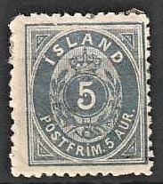 FRIMÆRKER ISLAND | 1875-76 - AFA 6B - 5 aur blå linie tk. 12 1/2 - Meget nær postfrisk (Se billede af bagside)